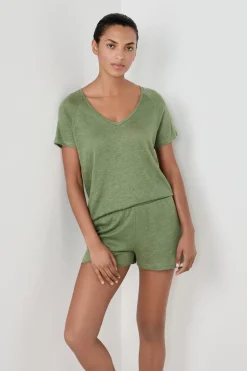 ETAM Partes De Arriba De Pijama|Los Pijamas Más Responsables|Camiseta de pijama manga corta 100% lino VERDE