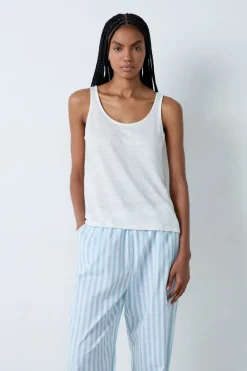 ETAM Pijamas Esenciales|Partes De Arriba De Pijama|Camiseta de tirantes 100% lino CRUDO