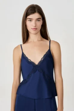 ETAM Partes De Arriba De Pijama|Los Pijamas Más Responsables|Camiseta interior con tirantes finos de satén AZUL MARINO