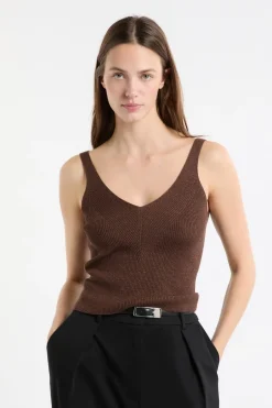 ETAM Cuello En V|Tops Sin Mangas|Camiseta sin mangas acanalada brillante MARR&Oacute;N