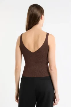 ETAM Cuello En V|Tops Sin Mangas|Camiseta sin mangas acanalada brillante MARR&Oacute;N