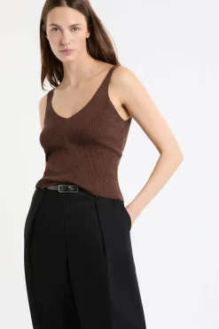 ETAM Cuello En V|Tops Sin Mangas|Camiseta sin mangas acanalada brillante MARR&Oacute;N