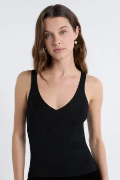 ETAM Cuello En V|Tops Sin Mangas|Camiseta sin mangas acanalada brillante NEGRO