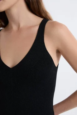 ETAM Cuello En V|Tops Sin Mangas|Camiseta sin mangas acanalada brillante NEGRO