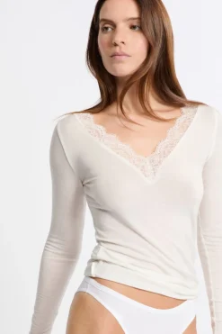 ETAM Colección Térmica|Pijamas Esenciales|Camiseta térmica con cuello en V y cashmere CRUDO