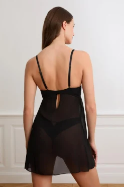 ETAM Pijamas Sexy|Camisones De Tirantes|Camisón corto transparente con bordado NEGRO