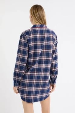 ETAM Los Pijamas Más Responsables|Camisones Con Manga|Camisón de algodón a cuadros marino