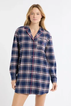ETAM Los Pijamas Más Responsables|Camisones Con Manga|Camisón de algodón a cuadros marino