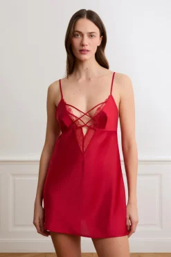 ETAM Los Pijamas Más Responsables|Pijamas Sexy|Camisón de satén con detalles de encaje ROJO