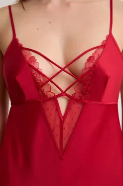 ETAM Los Pijamas Más Responsables|Pijamas Sexy|Camisón de satén con detalles de encaje ROJO
