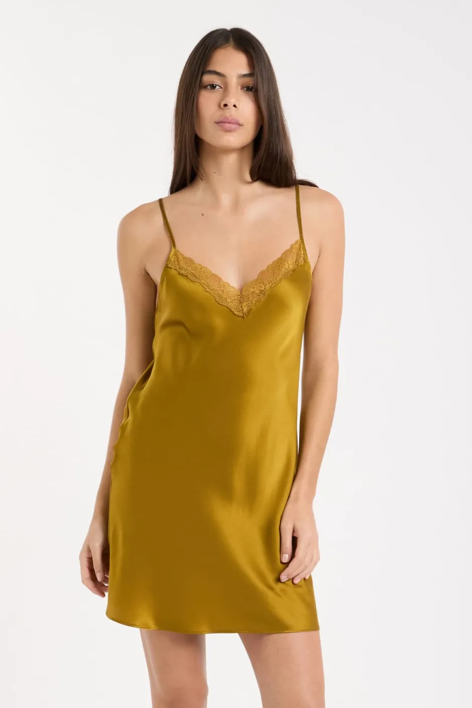 ETAM Pijamas De Seda|Camisones De Tirantes|Camisón de seda con detalles de encaje AMARILLO ÁCIDO