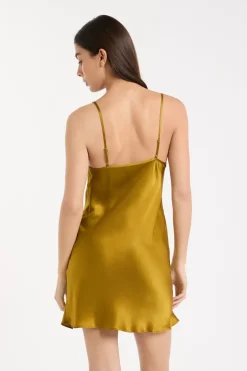 ETAM Pijamas De Seda|Camisones De Tirantes|Camisón de seda con detalles de encaje AMARILLO &Aacute;CIDO