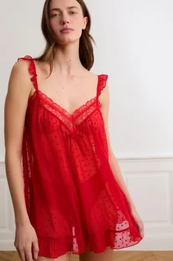 ETAM Pijamas Sexy|Camisones De Tirantes|Camisón de tul con estampado de corazones ROJO