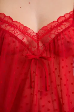ETAM Pijamas Sexy|Camisones De Tirantes|Camisón de tul con estampado de corazones ROJO
