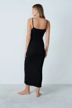 ETAM Homewear|Camisones De Tirantes|Camisón largo de algodón acanalado con tirantes finos NEGRO