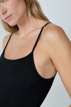 ETAM Homewear|Camisones De Tirantes|Camisón largo de algodón acanalado con tirantes finos NEGRO