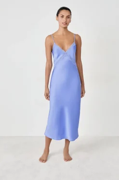 ETAM Camisones De Tirantes|Los Pijamas Más Responsables|Camisón largo satinado con detalles de encaje AZUL