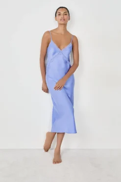 ETAM Camisones De Tirantes|Los Pijamas Más Responsables|Camisón largo satinado con detalles de encaje AZUL