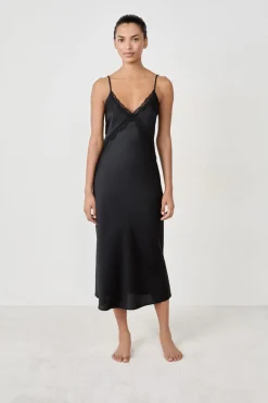 ETAM Pijamas Sexy|Camisones De Tirantes|Camisón largo satinado con detalles de encaje NEGRO