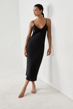 ETAM Pijamas Sexy|Camisones De Tirantes|Camisón largo satinado con detalles de encaje NEGRO