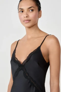ETAM Pijamas Sexy|Camisones De Tirantes|Camisón largo satinado con detalles de encaje NEGRO