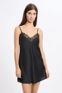 ETAM Camisones De Tirantes|Camisón satinado con detalles de encaje NEGRO