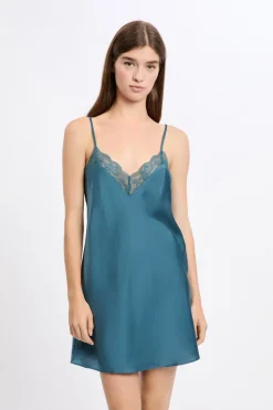 ETAM Camisones De Tirantes|Camisón satinado con detalles de encaje AZUL PETR&Oacute;LEO
