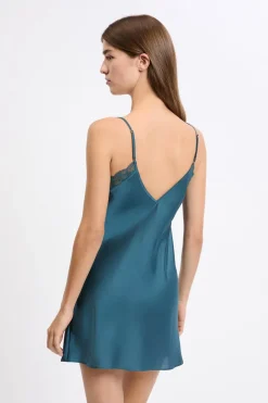 ETAM Camisones De Tirantes|Camisón satinado con detalles de encaje AZUL PETR&Oacute;LEO