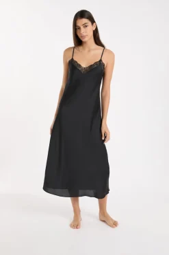 ETAM Camisones De Tirantes|Camisón satinado con detalles de encaje NEGRO