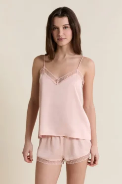 ETAM Los Pijamas Más Responsables|Partes De Arriba De Pijama|Caraco satiné avec détails brodés ROSE POUDRE