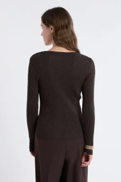 ETAM Cuello En V|Chaquetas|Cardigan irisé avec boutons dorés MARRON