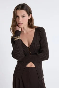 ETAM Cuello En V|Chaquetas|Cardigan irisé avec boutons dorés MARRON