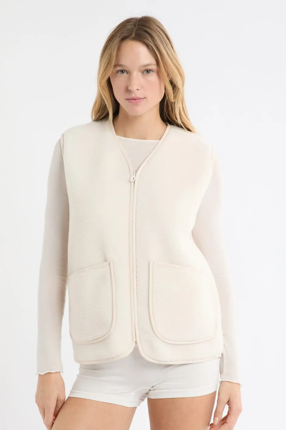 ETAM Pijamas Calentitos|Ponchos, Sudaderas Y Chaquetas|Chaleco sin mangas con efecto sherpa CRUDO