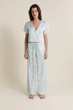ETAM Los Pijamas Más Responsables|Partes De Arriba De Pijama|Chemise de pyjama courte satinée IMP BLEU VERT