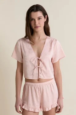ETAM Partes De Arriba De Pijama|Chemise de pyjama satinée avec noeuds IMP FOND ROSE