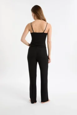 ETAM Los Pijamas Más Responsables|Pijamas 2 Y 3 Piezas|Conjunto de pijama de 2 piezas de punto acanalado con detalles de encaje NEGRO