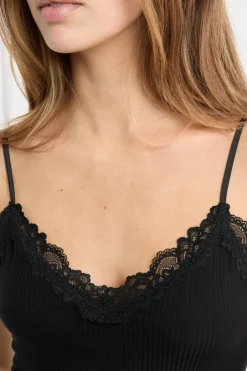 ETAM Los Pijamas Más Responsables|Pijamas 2 Y 3 Piezas|Conjunto de pijama de 2 piezas de punto acanalado con detalles de encaje NEGRO