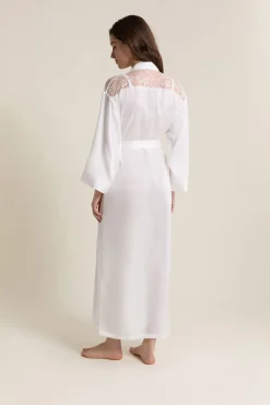 ETAM Los Pijamas Más Responsables|Pijamas Para Novias|Déshabillé long satiné avec ceinture BLANC
