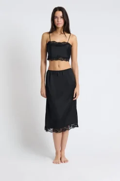 ETAM Los Pijamas Más Responsables|Falda de pijama satinada con detalles de encaje NEGRO