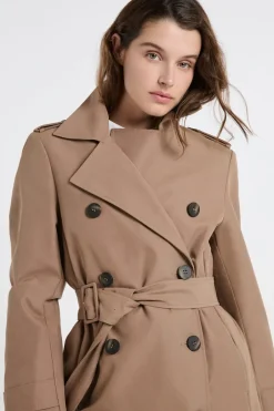 ETAM Abrigos Largos|Gabardinas|Gabardina larga con cinturón y algodón Topo