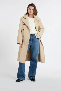 ETAM Abrigos Largos|Gabardinas|Gabardina larga con cinturón y algodón BEIGE