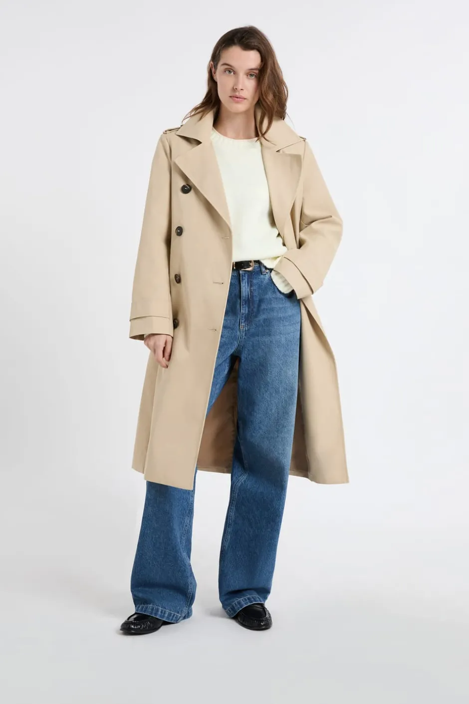 ETAM Abrigos Largos|Gabardinas|Gabardina larga con cinturón y algodón BEIGE