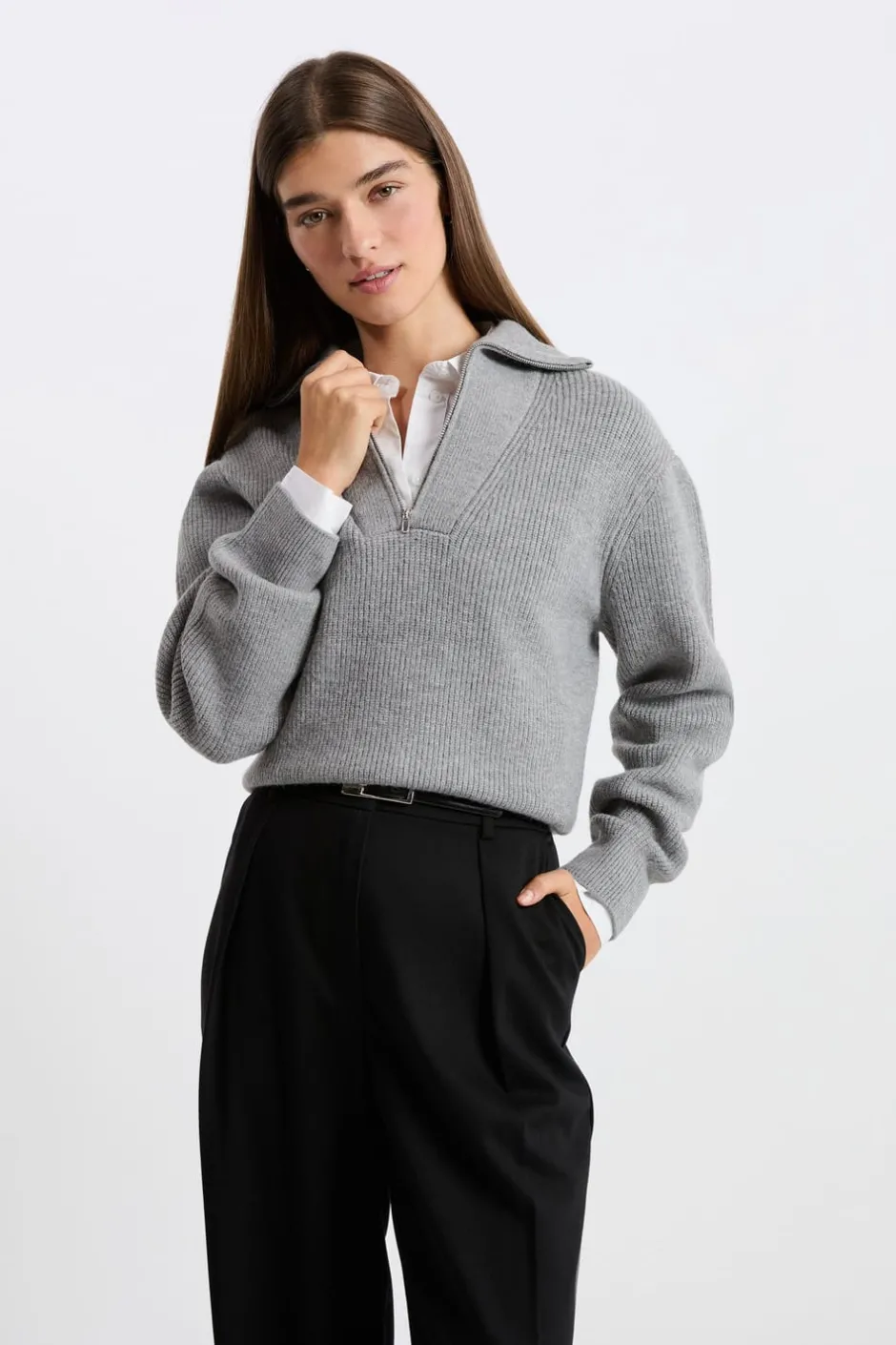ETAM Básicos|Cuello Cremallera|Jersey con cuello camisero y cremallera GRIS