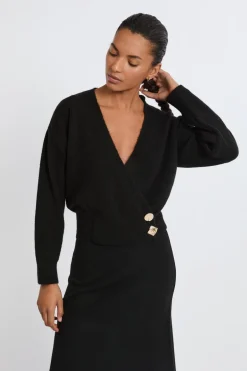 ETAM Jerséis|Jersey con cuello en V y botones dorados NEGRO