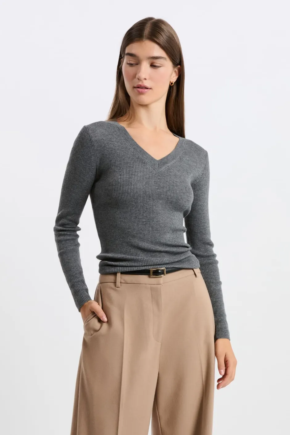 ETAM Cuello En V|Jerséis|Jersey de cuello en V con lana GRIS