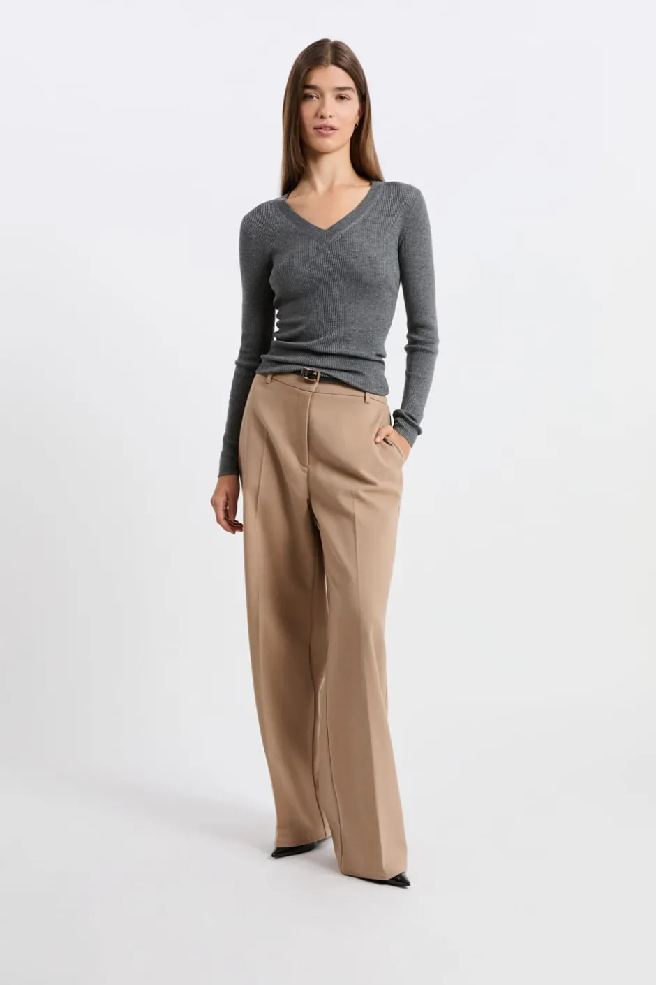 ETAM Cuello En V|Jerséis|Jersey de cuello en V con lana GRIS