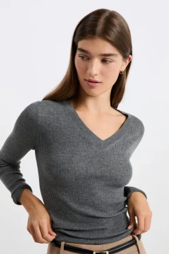 ETAM Cuello En V|Jerséis|Jersey de cuello en V con lana GRIS