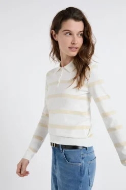 ETAM Jerséis|Rayas Marineras|Jersey de cuello polo de manga larga a rayas crudo