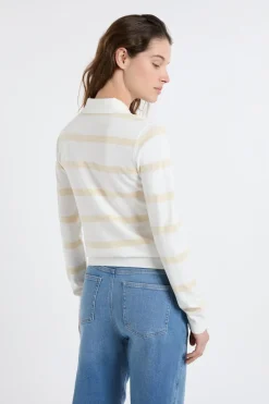 ETAM Jerséis|Rayas Marineras|Jersey de cuello polo de manga larga a rayas crudo