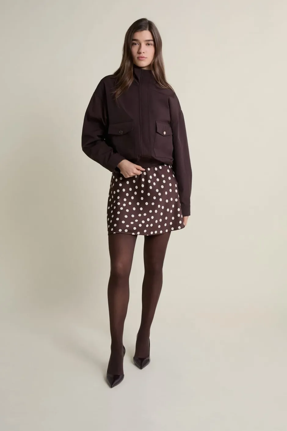 ETAM Faldas Estampadas|Faltas Cortas|Jupe courte satinée à pois MARRON
